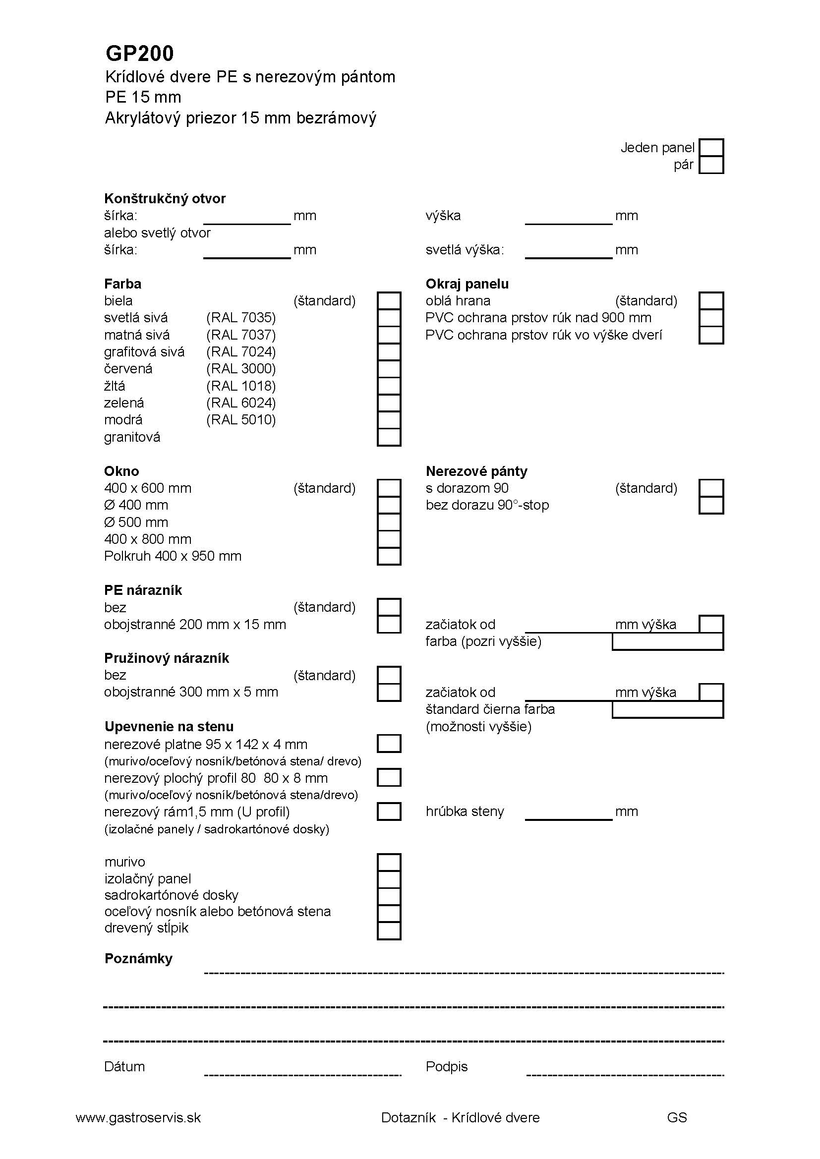 dotazník - konfigurátor pre krídlové dvere -gp200